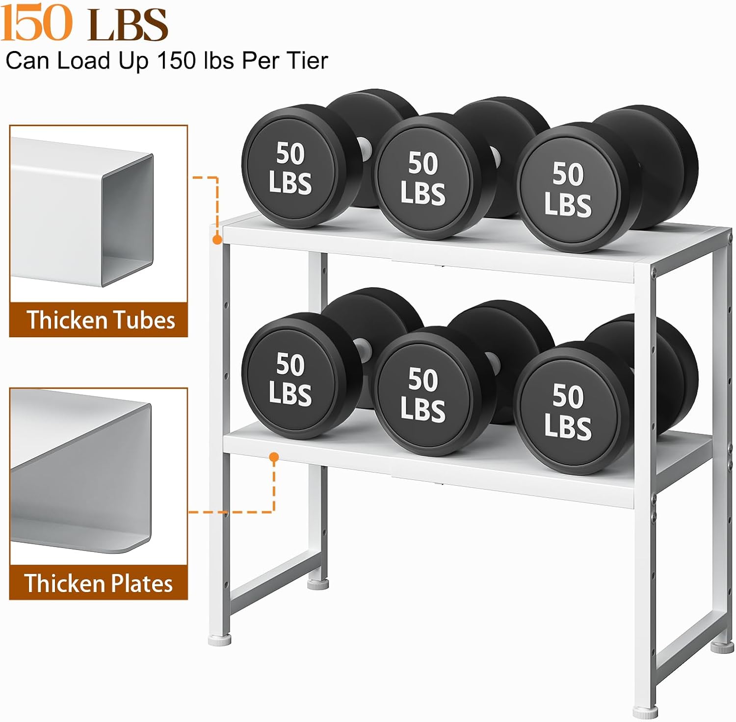 2-Tier Expandable Kitchen Storage Shelf,150LBS Heavy Duty Metal Shelving Units For Small Appliance,Adjustable Pots and Pans Organizer Rack Shelves For Kitchen Counter Under Cabinet Garage Pantry,White