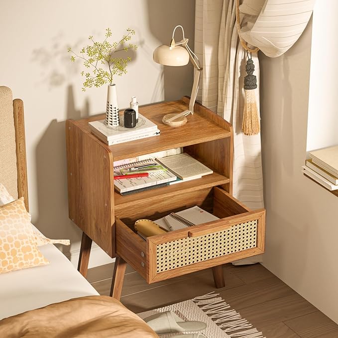 Lerliuo Rattan Nightstand, Side Table with Drawer Open Shelf, Cane Accent Bedside End Table with Solid Wood Legs, Mid Century Modern Night Stand for Bedroom, Dorm and Small Spaces (Tea Brown)