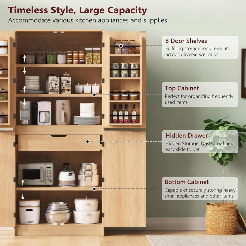 31.5x15.75x72Inches Natural Tall Farmhouse Kitchen Pantry Cabinet, 8 Door She...
