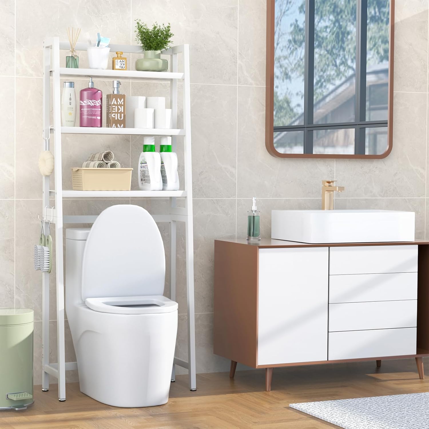 VASMIA Over The Toilet Storage,Bamboo 3-Tier Bathroom Organizer Over Toilet Storage Cabinet,Freestanding Space Saver with 3 Hooks White