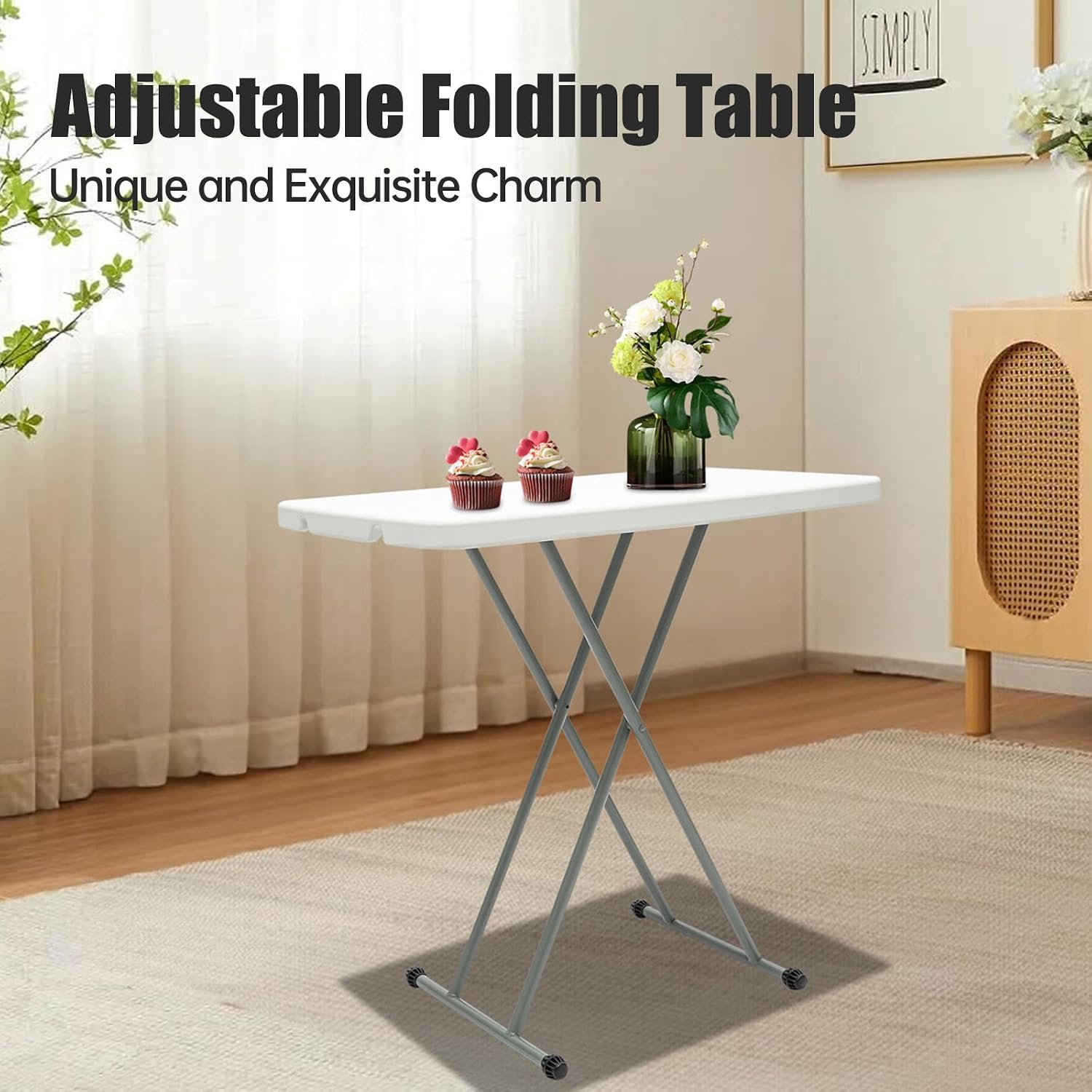 Adjustable Folding Table – 30" x 20" Foldable Desk with 5 Height Settings (18", 25", 29"), Lightweight Small Table for Camping, Outdoor, Indoor, Bedside Use, Portable White Granite Table