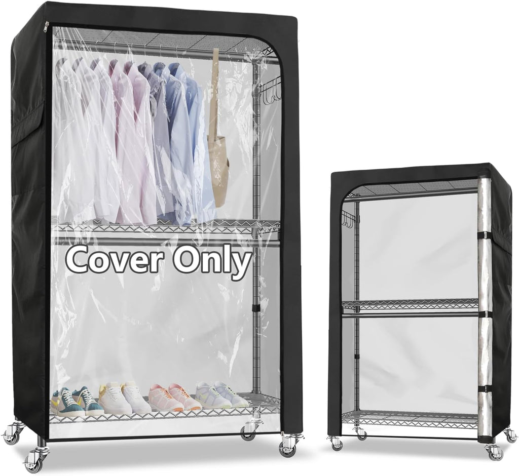 Rileytee Garment Rack Cover,600D Heavy Duty Waterproof Clothing Rack Cover,Clothes Rack Cover with Zipper for Metal Garment Rack（Clear Front,46"W x 18"D x 80"H,Cover Only)