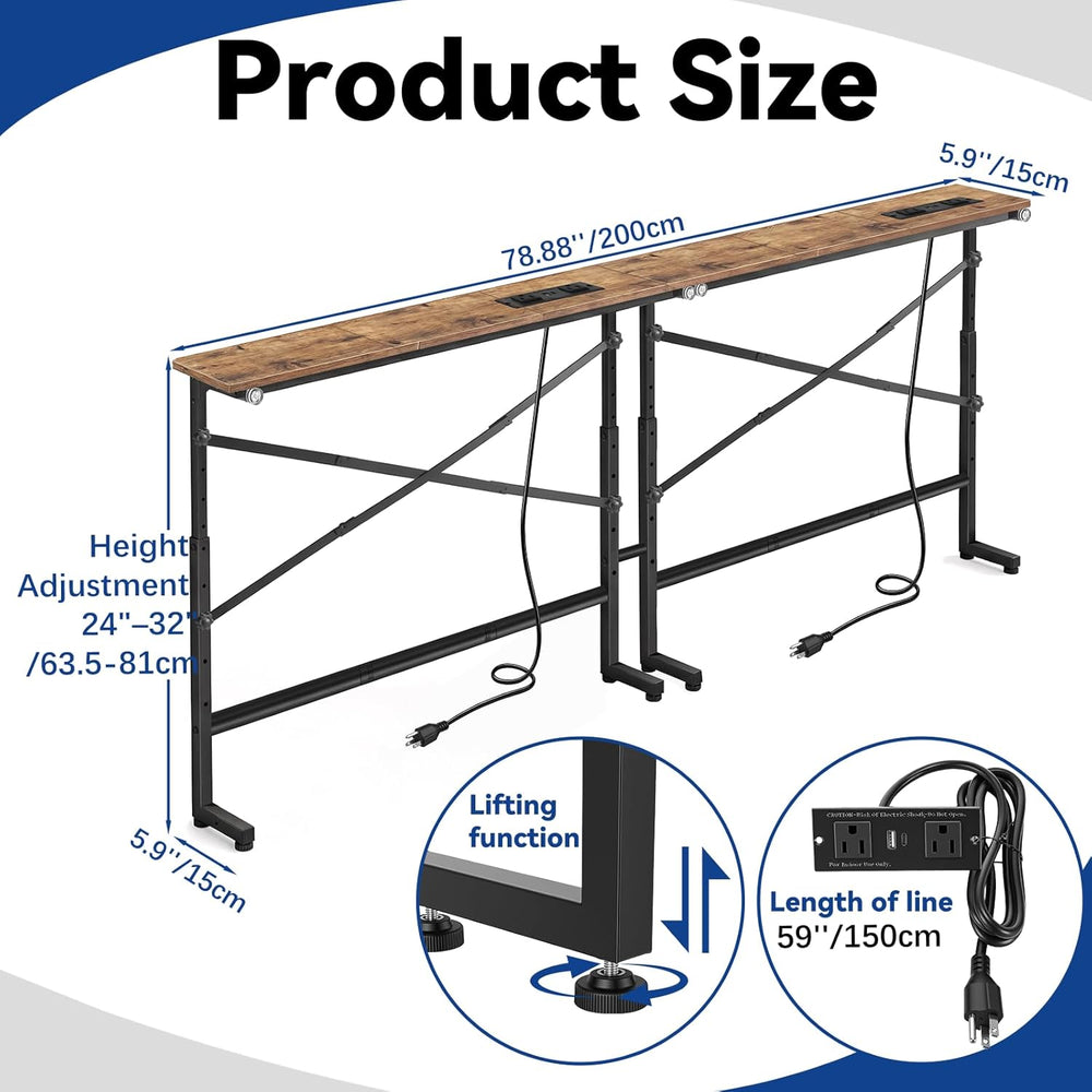 78.8inch Adjustable Height Narrow Sofa Side Table with 2 Power Outlets, Couch...