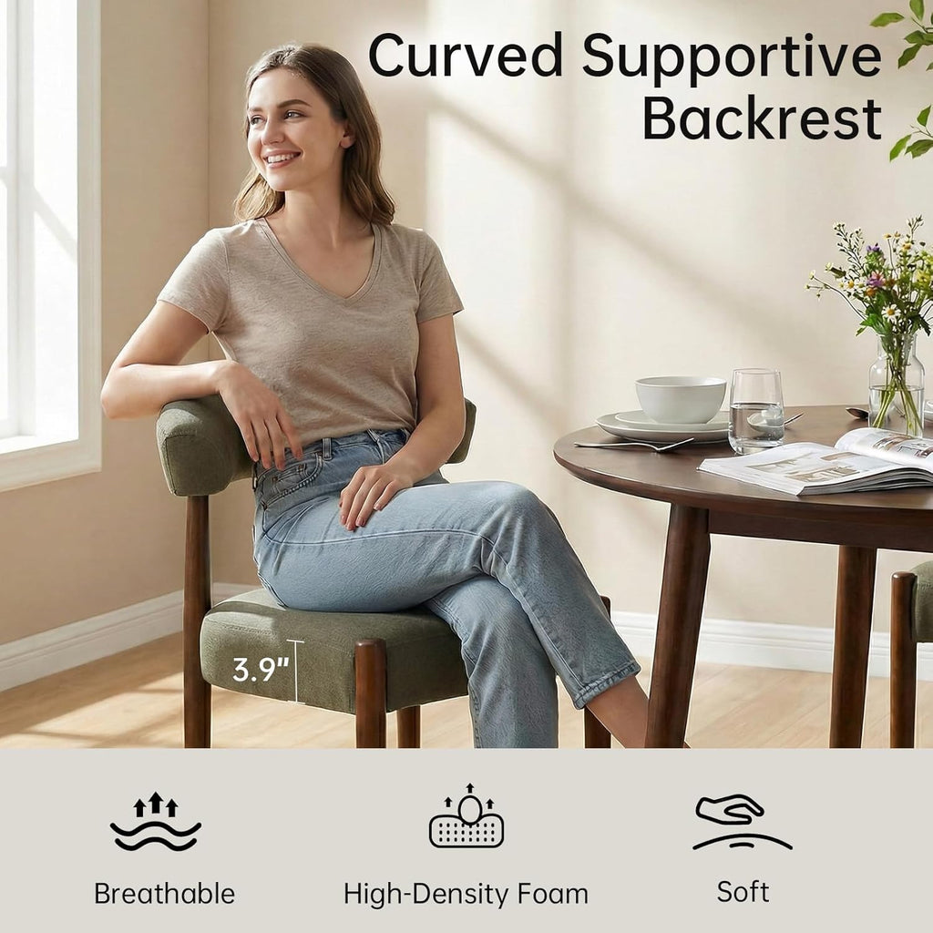 VKNOW Wooden Dining Chairs Set of 4, Modern Upholstered Dining Room Chairs with Walnut Wood Legs and Curved Backrest, Fabric Kitchen Chairs for Farmhouse/Living Room/Dining Room, Green