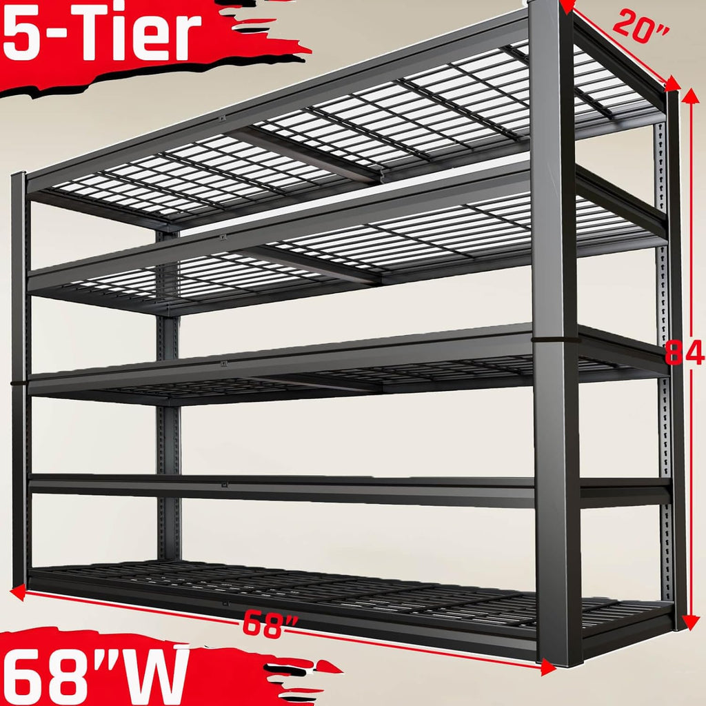 68" Wide Heavy Duty Garage Shelving Units, 5-Tier Deep Storage Shelves,Black Metal Garage Shelves,Steel Shelf,Large Storage Rack,Industrial Shelving for Shop, 68" W x 20" D x 84" H