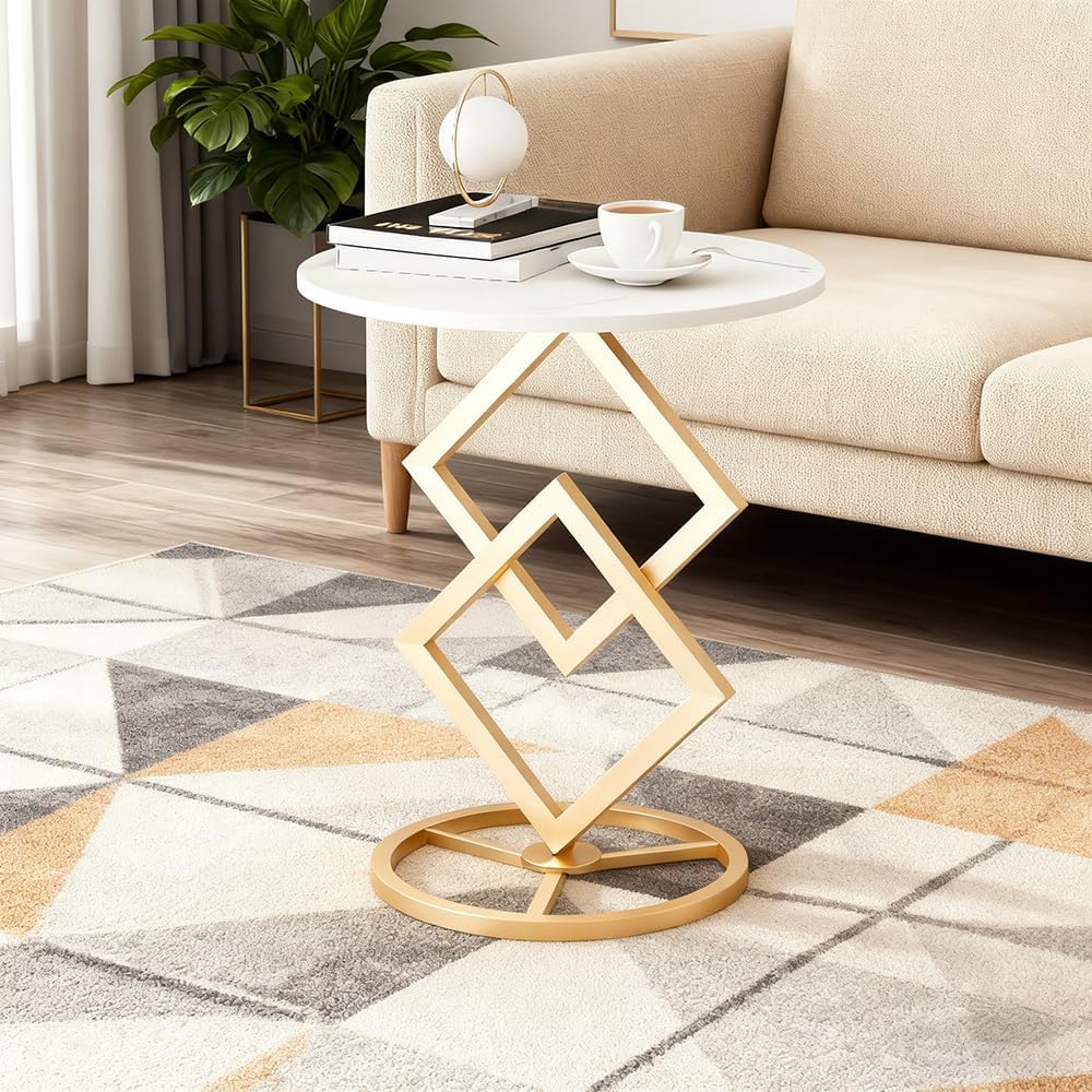 Boho Round Side Table Living Room, Luxurious Marble Desktop end Tables with S...