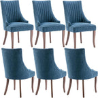 mikibama Linen Dining Chairs Set of 6 Channel Tufted Kitchen Dinner Chair Comfy Fabric Upholstered Accent Chair for Dining Room with Solid Wood Legs (Blue 6pc)