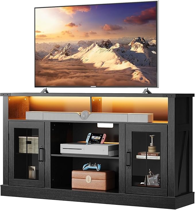 WLIVE Farmhouse TV Stand for 65 Inch TV, Tall Entertainment Center with LED Lights & Storage Cabinets, TV Media Console Table with Adjustable Shelf for Living Room, Bedroom, Home Theater, Black