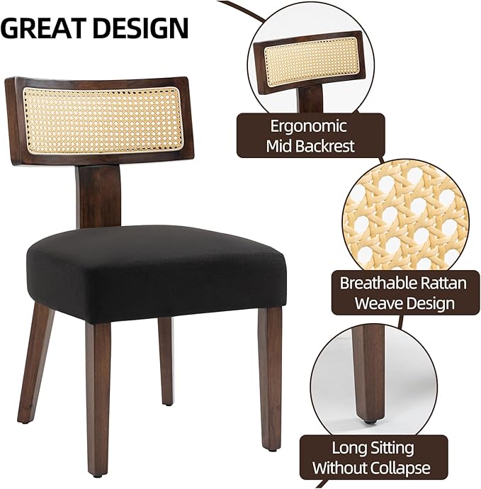 Upholstered Rattan Dining Chairs Set of 6, Mid-Century Modern Fabric Dining R...
