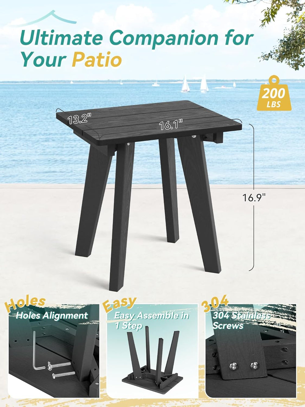 Outdoor Side Table, HDPE Weather Resistant Small Patio Table for Porch and Ba...