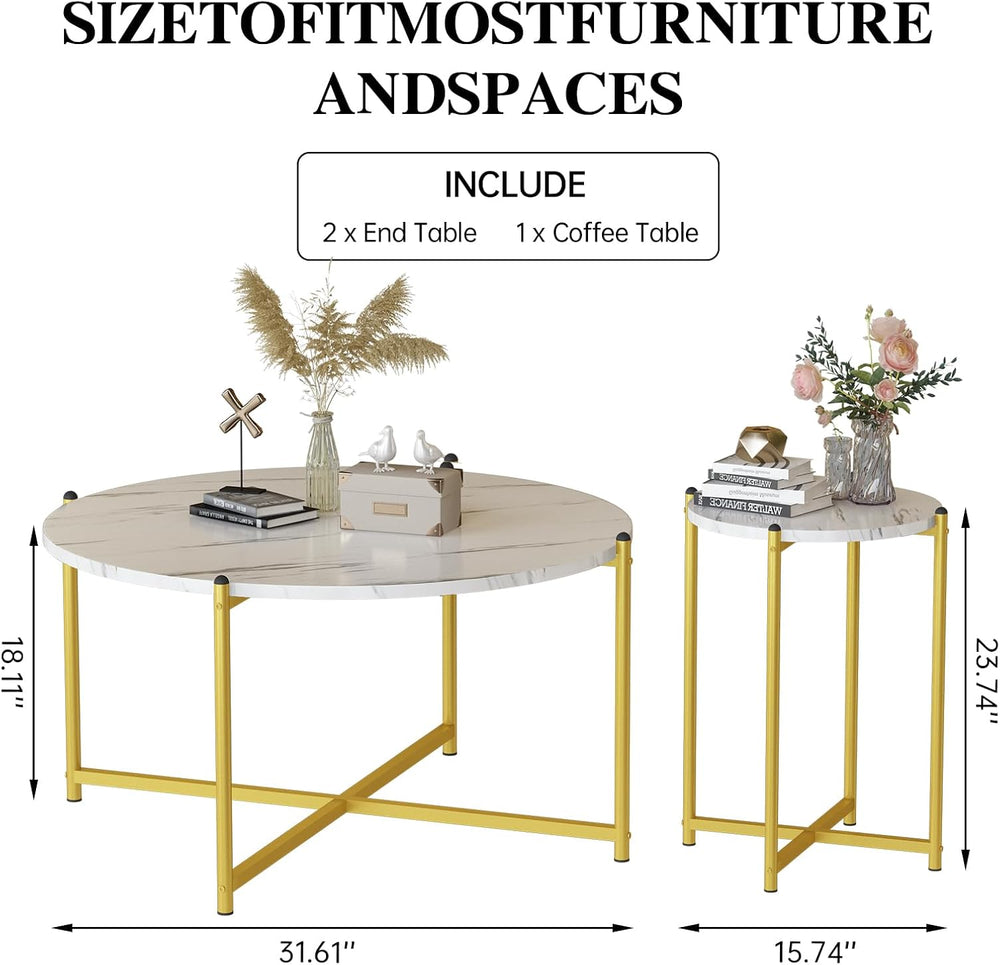 Lamerge Coffee Table Set of 3,Modern Faux Marble Top with Golden Frame,1 Coff...