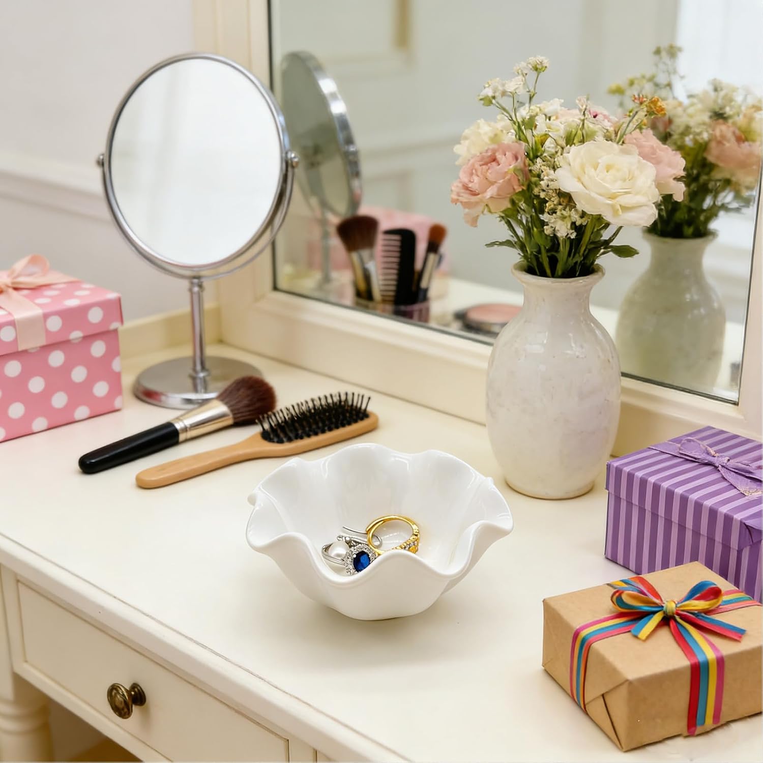 White Flower Jewelry Dish, 3.5″ Lotus Jewelry Bowl Ring Holder, Ceramic Jewlery Tray Cute Vanity Nightstand Bathroom Room Decor Trinket Dish Valentine's Friendship Birthday Gifts for Women Mom