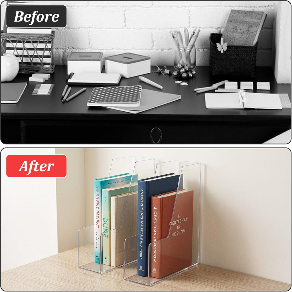 2 PCS Vertical File Holder, Clear Acrylic Desk Organizer for Office, Acrylic Magazine File Holder Rack, Plastic Document Storage Bins for Magazines, Binders, Notebooks & Envelopes, Space Saving for Ho
