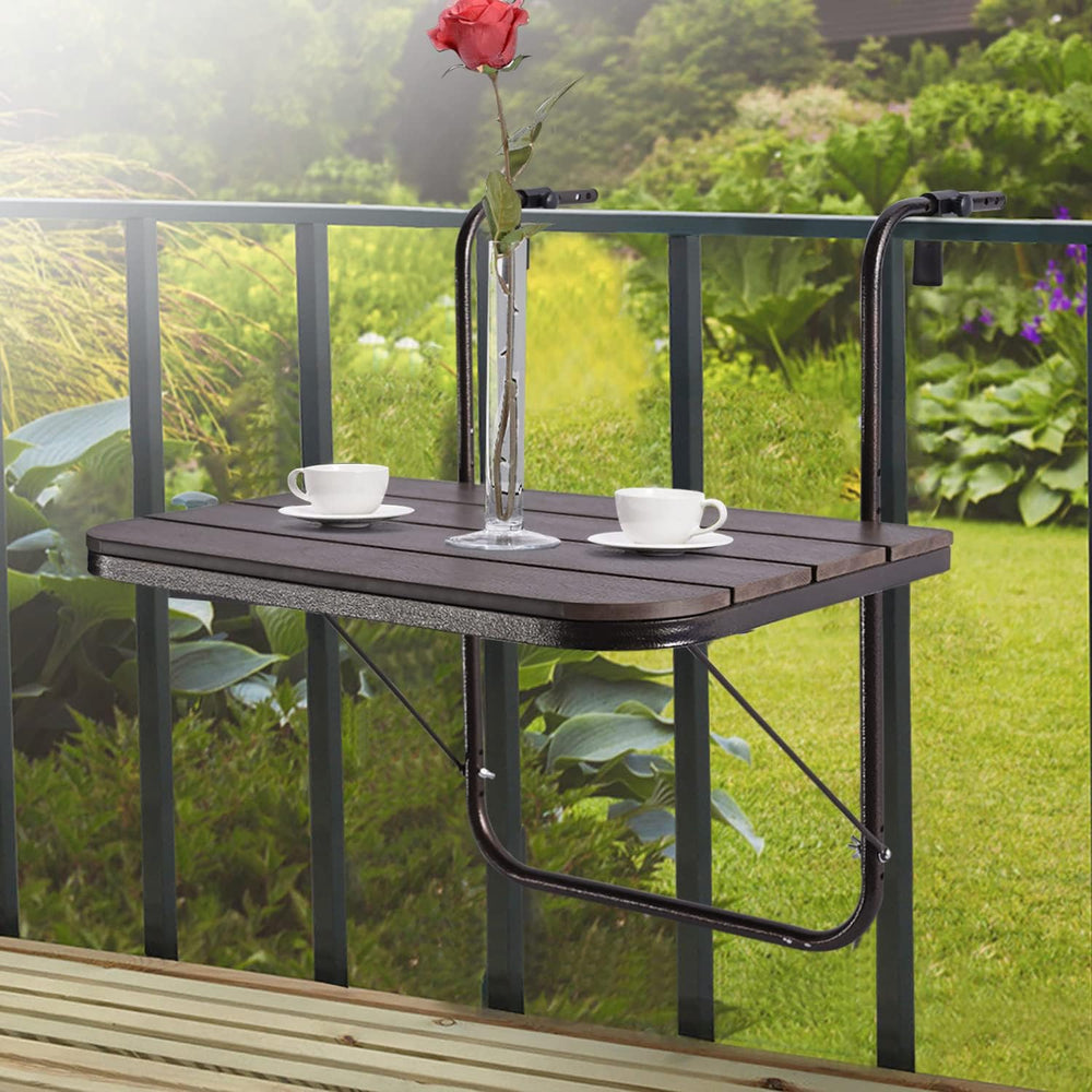 Balcony Railing Table Outdoor Hanging Folding Brown Aluminium Metal Side Tabl...