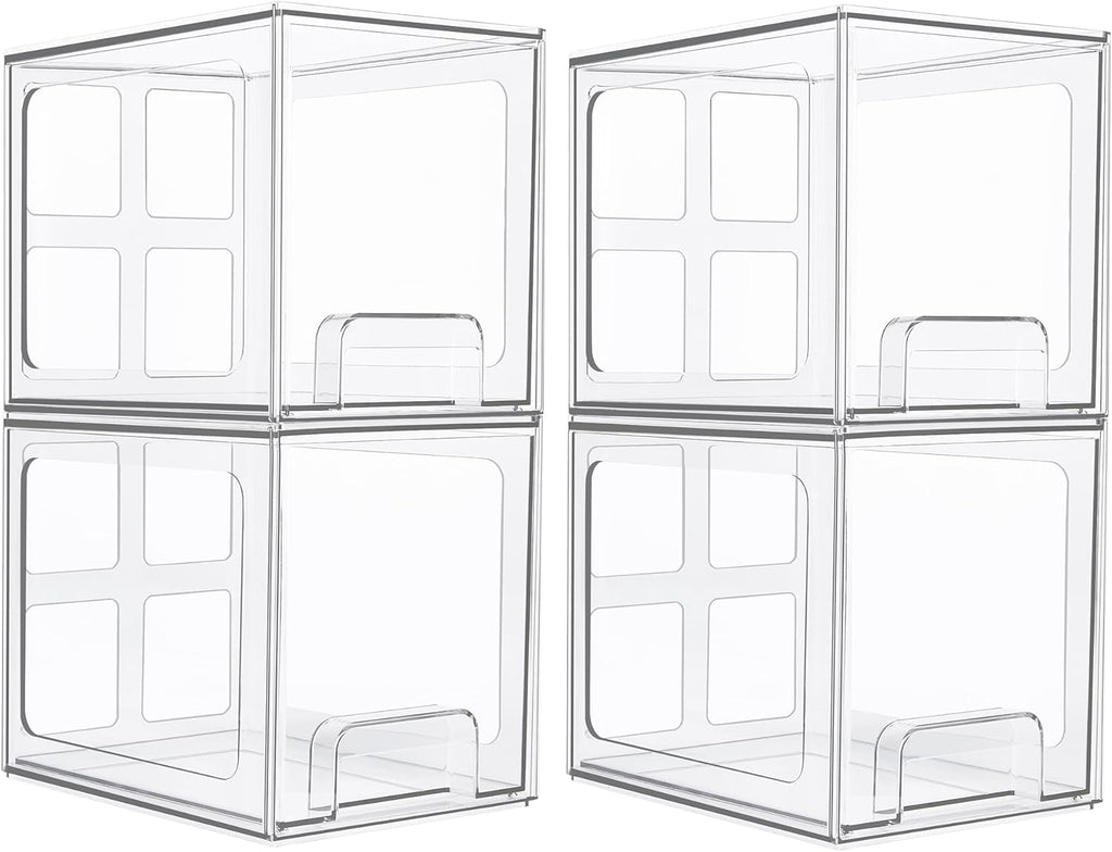Vtopmart 4 Pack Stackable Storage Drawers, 6.6''Tall Acrylic Bathroom Makeup Organizers,Clear Plastic Drawers For Vanity, Undersink, Kitchen Cabinet,Pantry Organization and Storage