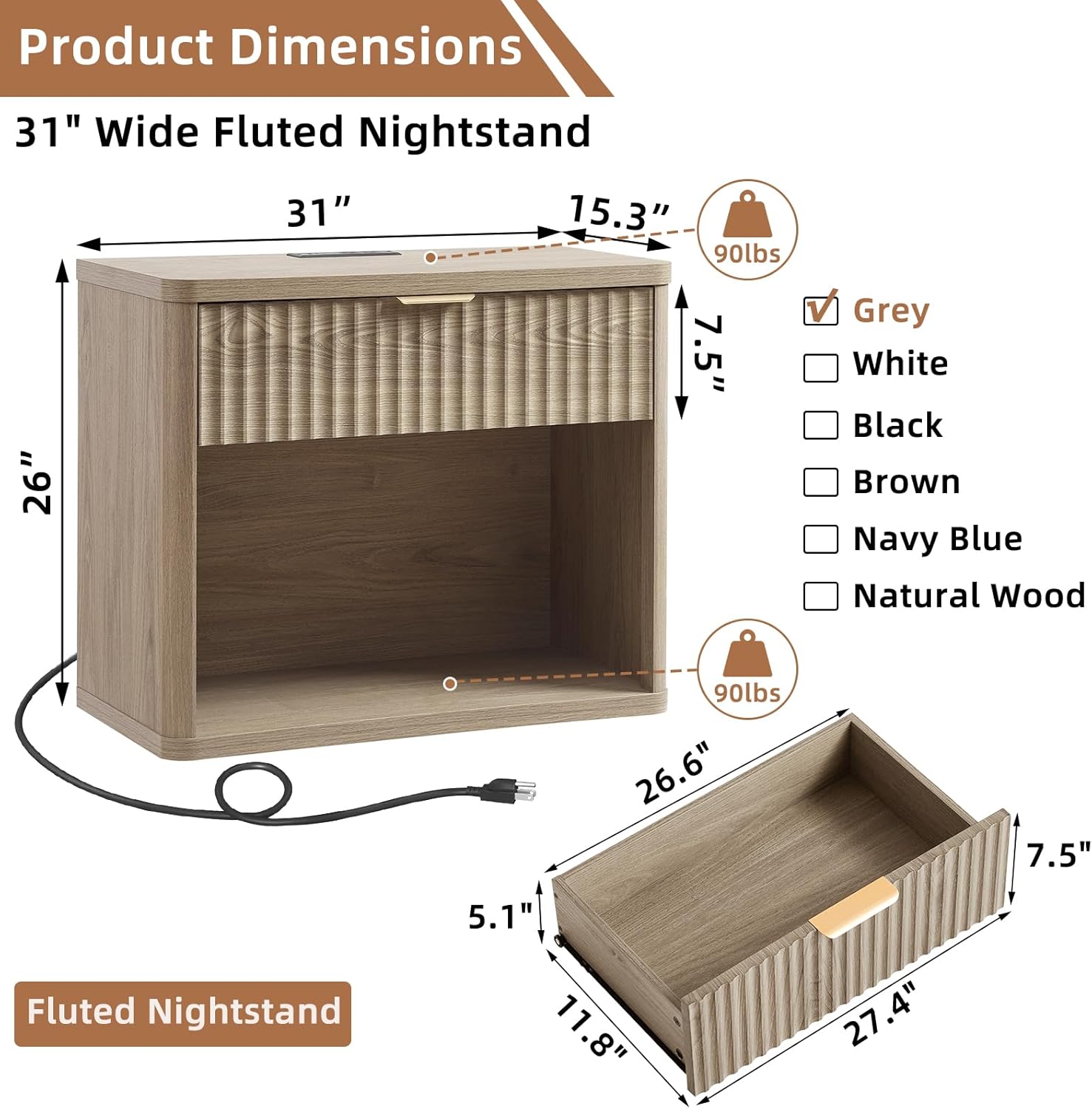 LEYAOYAO 31" Wide Fluted Nightstand Set of 2 with Charging Station, Oversized Extra Large 1 Drawer Night Stand with Golden Handle, Grey Wood Bedside Table Tall End Tables,for Bedroom, Living Room