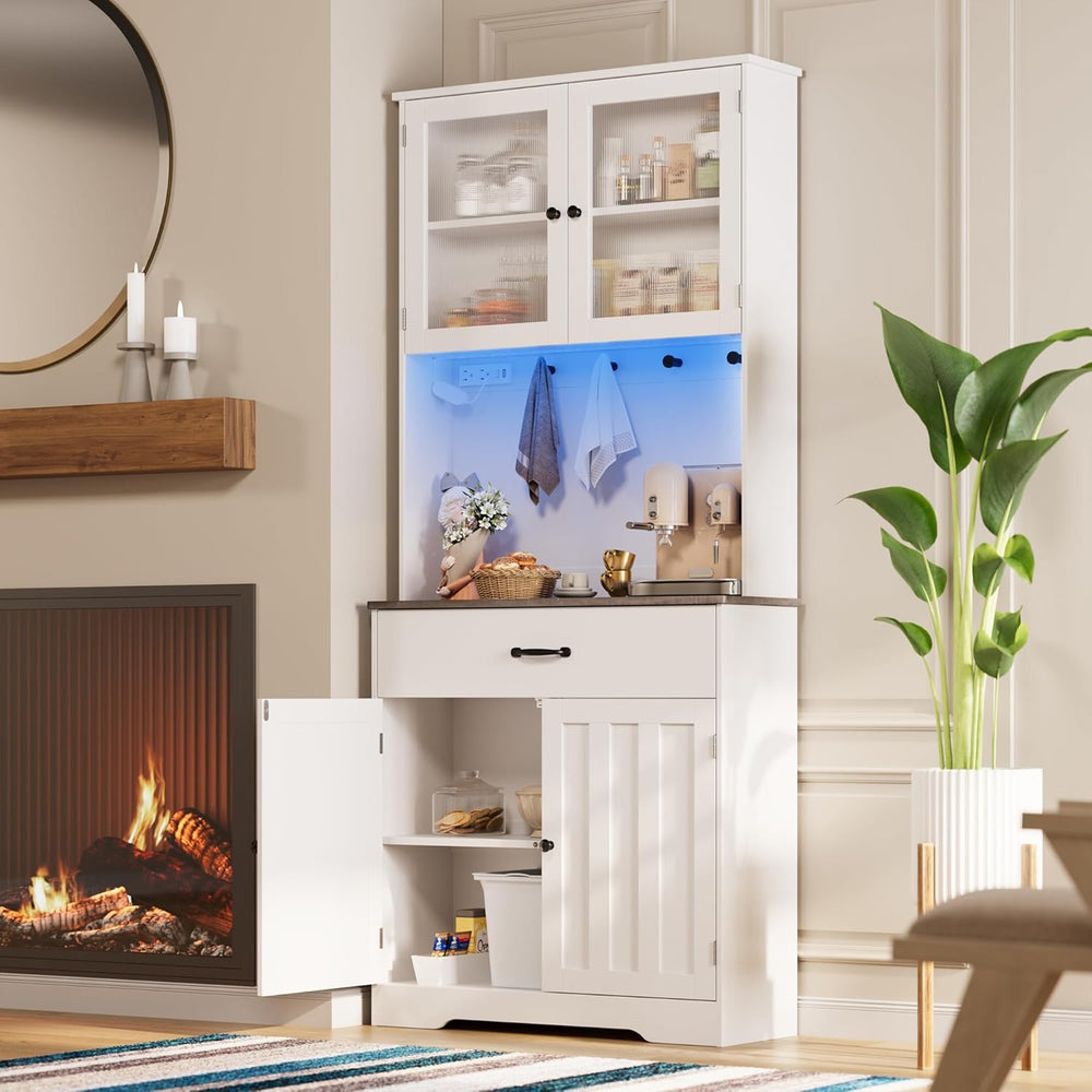 Gizoon 71" H Pantry Cabinet with LED Lights, Tall Farmhouse Kitchen Stor...