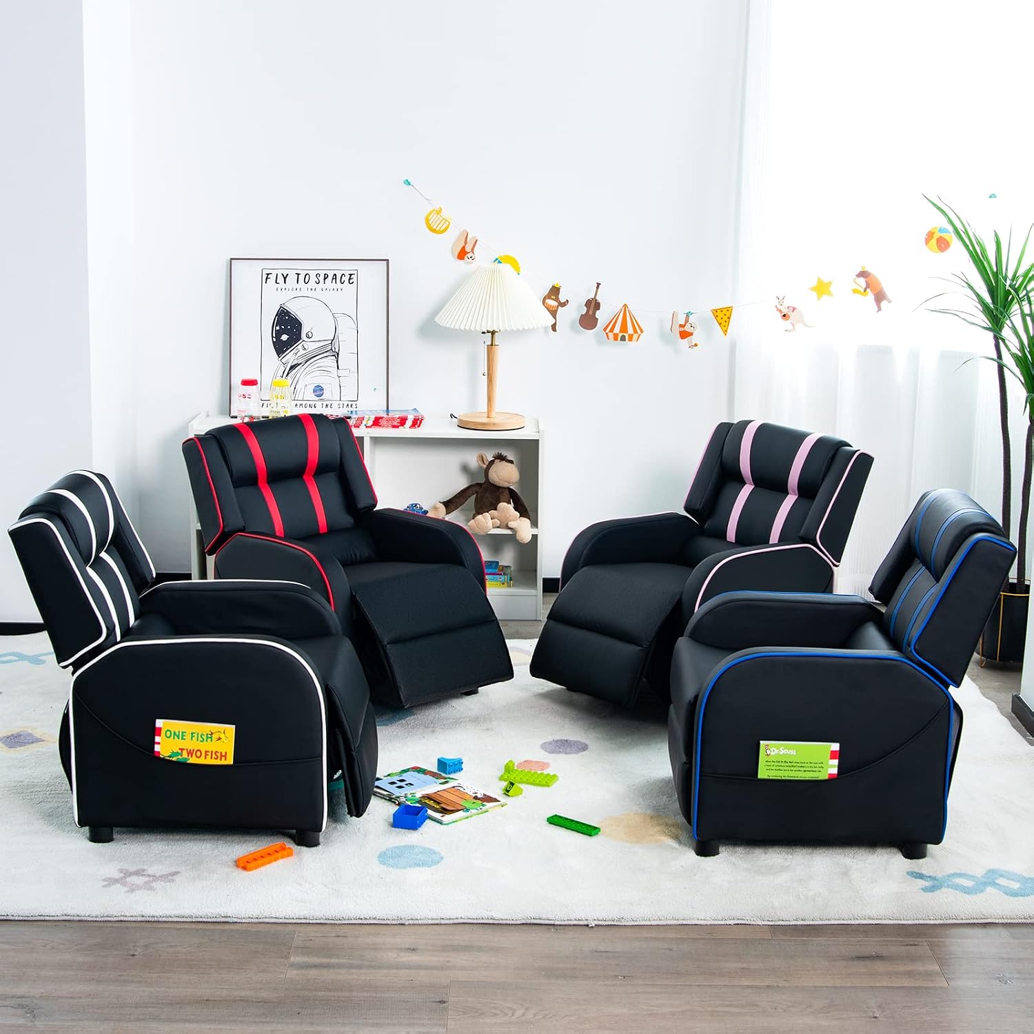 Costzon Kids Recliner, Gaming Recliner Chair w/Side Pockets, Footrest, Headrest & Lumbar Support for Kids Room & Play Room, Adjustable Racing Style Leather Sofa for Children Boys Girls (Red, Black)