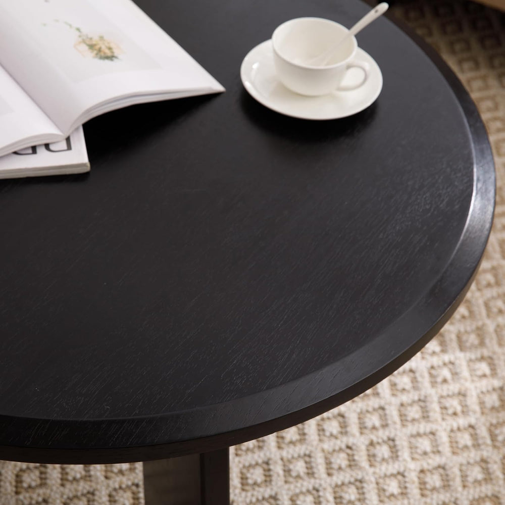 32 Inch Round Coffee Table, Solid Wood Center Table, Black