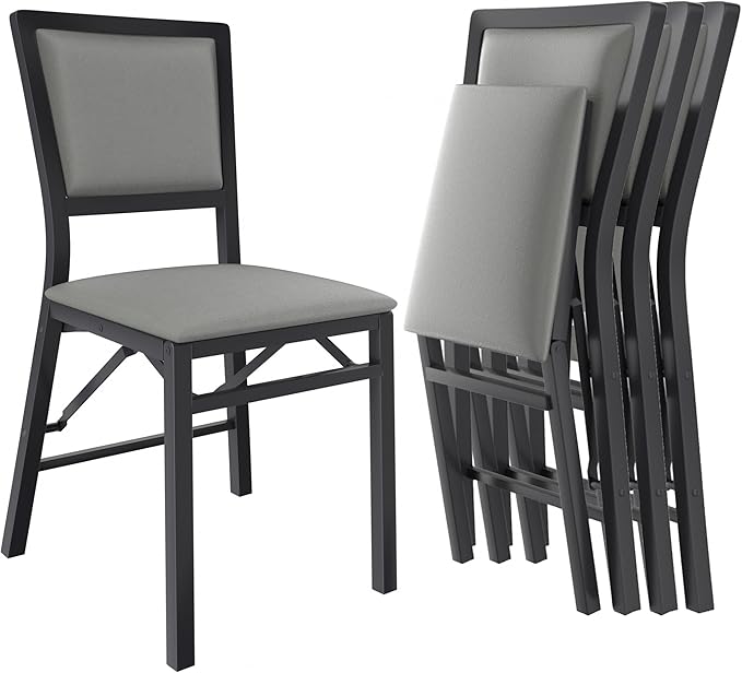 VECELO Folding Chairs Set of 4 with Cushion, Foldable Padded Seats with Heavy Duty Metal Frame for Kitchen/Dining/Living Room, No Assembly & Space Saving Design, Gray & Black