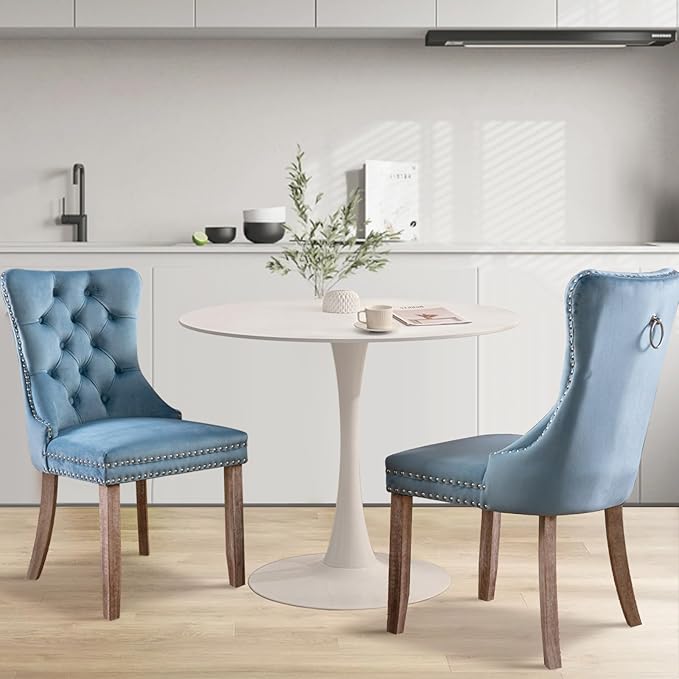 SoarFlash Kitchen Table and Chairs for 2, 31.5" Dining Table Set for 2 with Velvet Upholstered Chairs, 3 Piece Round Kitchen Table Set, Dining Room Table Set for Small Space, Apartment, Sky-Blue/White
