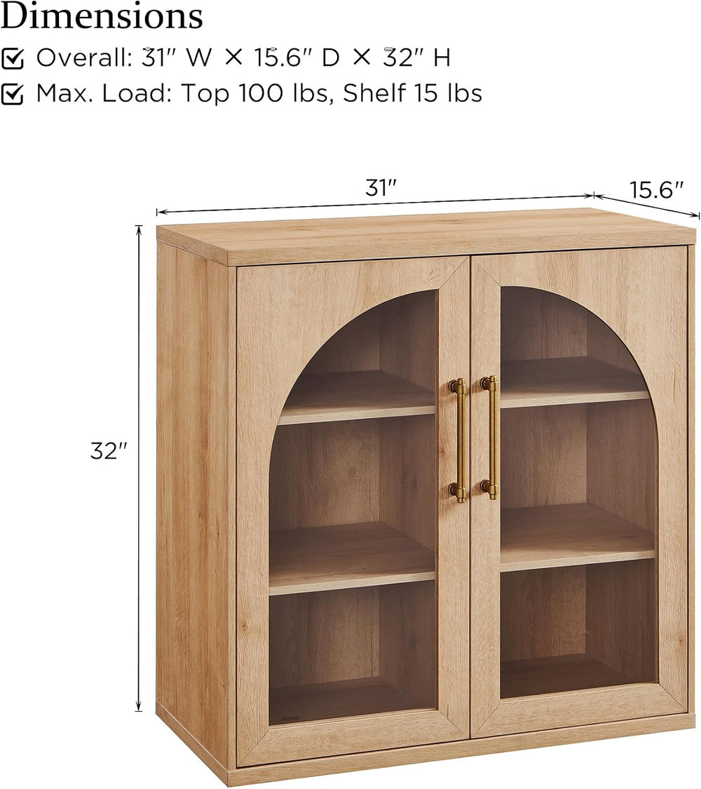 Glass Arched Door Sideboard Buffet Cabinet, Natural Oak