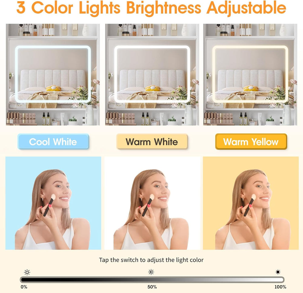 Make Up Vanity Desk with Mirror and Lights,Small Vanity With Storage Chair | ...