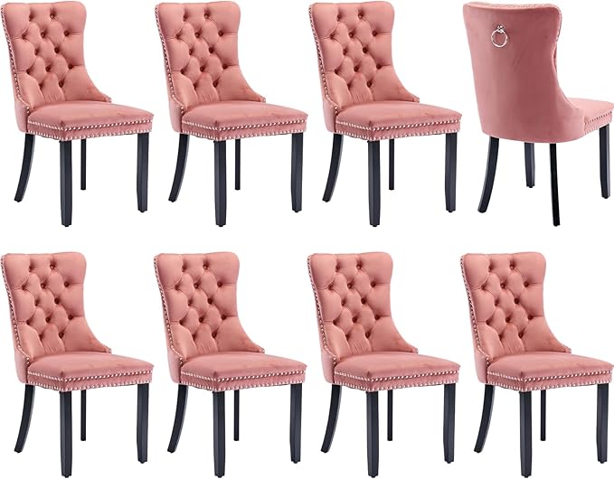 Modern Dining Chairs Set of 8, Tufted Upholstered Dining Chair with Solid Wood Legs, Pink Velvet Accent Chair, Sillas de Comedor, Kitchen & Dining Room Chairs (Pink, Velvet, 8Pcs)