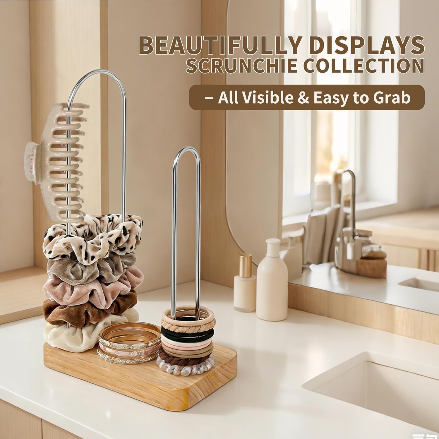 2PCS Hair Tie Holder Organizer, Scrunchie Holder Stand for Women Girls, Hair Accessories Storage Organizer, Scrunchie Organizer for Vanity Countertop and Bathroom (Natural)
