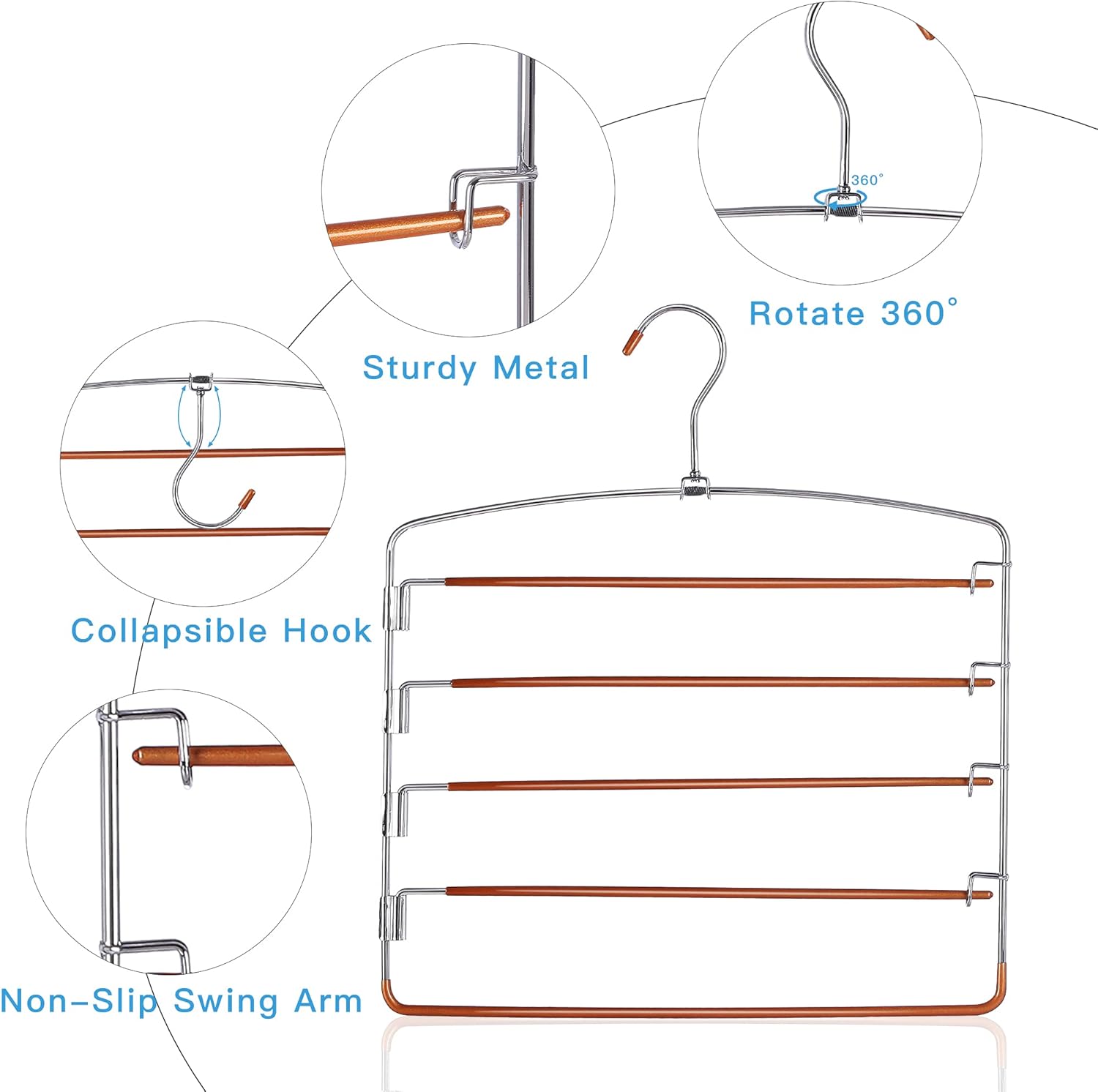 FeeraHozer Pants Hangers Non Slip 3 Pack Space Saving Hangers Multi-Layer Swing Arm Stainless Steel Space Saver Rack for Jeans Scarf Trouser Clothes (Gold)