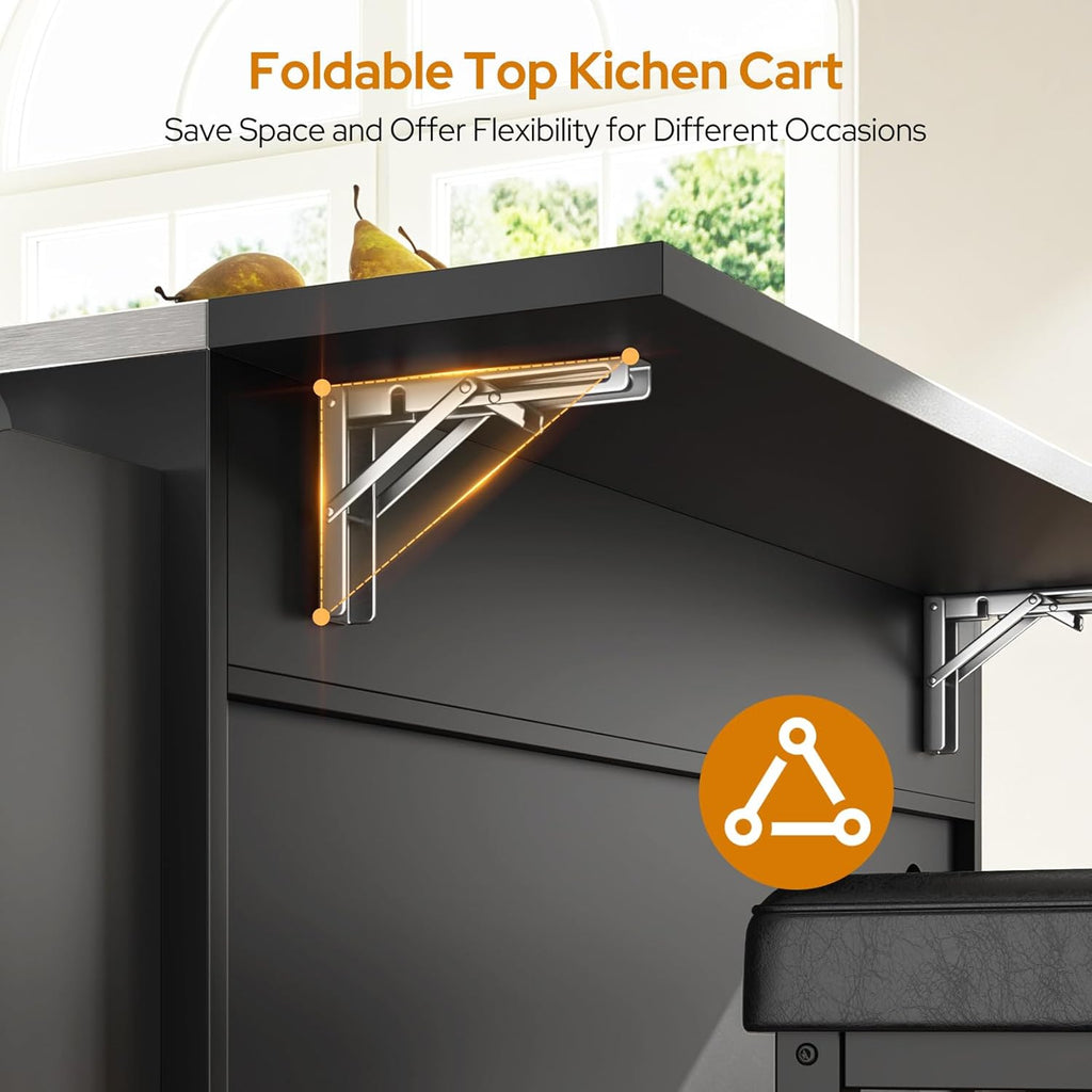 Concho 41'' Kitchen Island with Seating and Stainless Steel Countertop, Rolling Kitchen Carts on Wheels with Folding Drop Leaf, Bar Stool, Power Outlet, Spice/Towel Rack, Storage Cabinets, Walnut