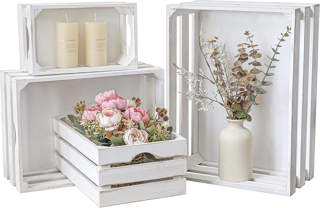 Set of 4 Large Wooden Decorative Storage Crates, Whitewashed Nesting Wooden Crates for Display Rustic, Farmhouse Wood Storage Container Boxes Made from 100% Wood
