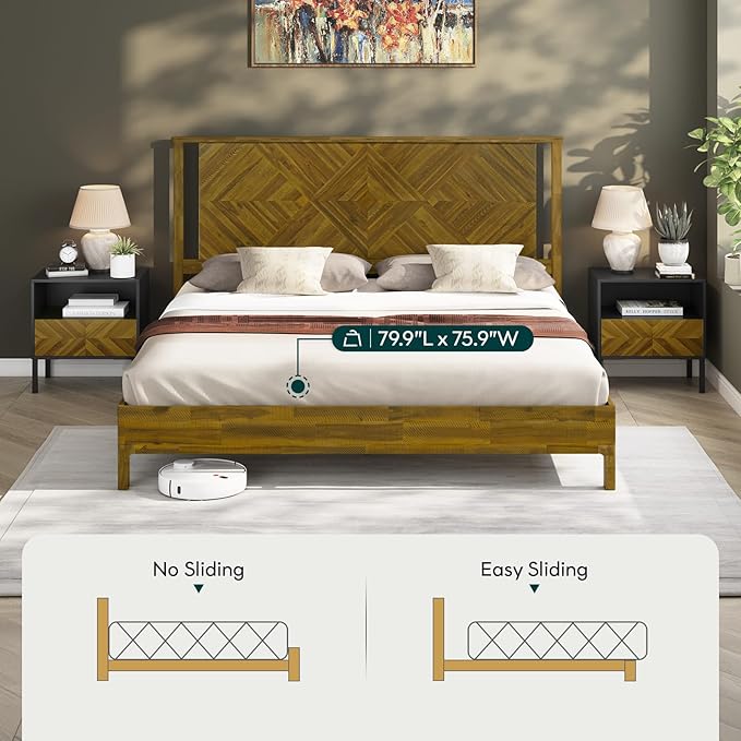 Bme Ethan Solid Wood King Bed Frame with Diamond Headboard - Rustic & Mid-century Modern - Acacia Wood Platform Bed - Compatible with All Mattresses - No Box Spring Needed - Rustic Dark Brown