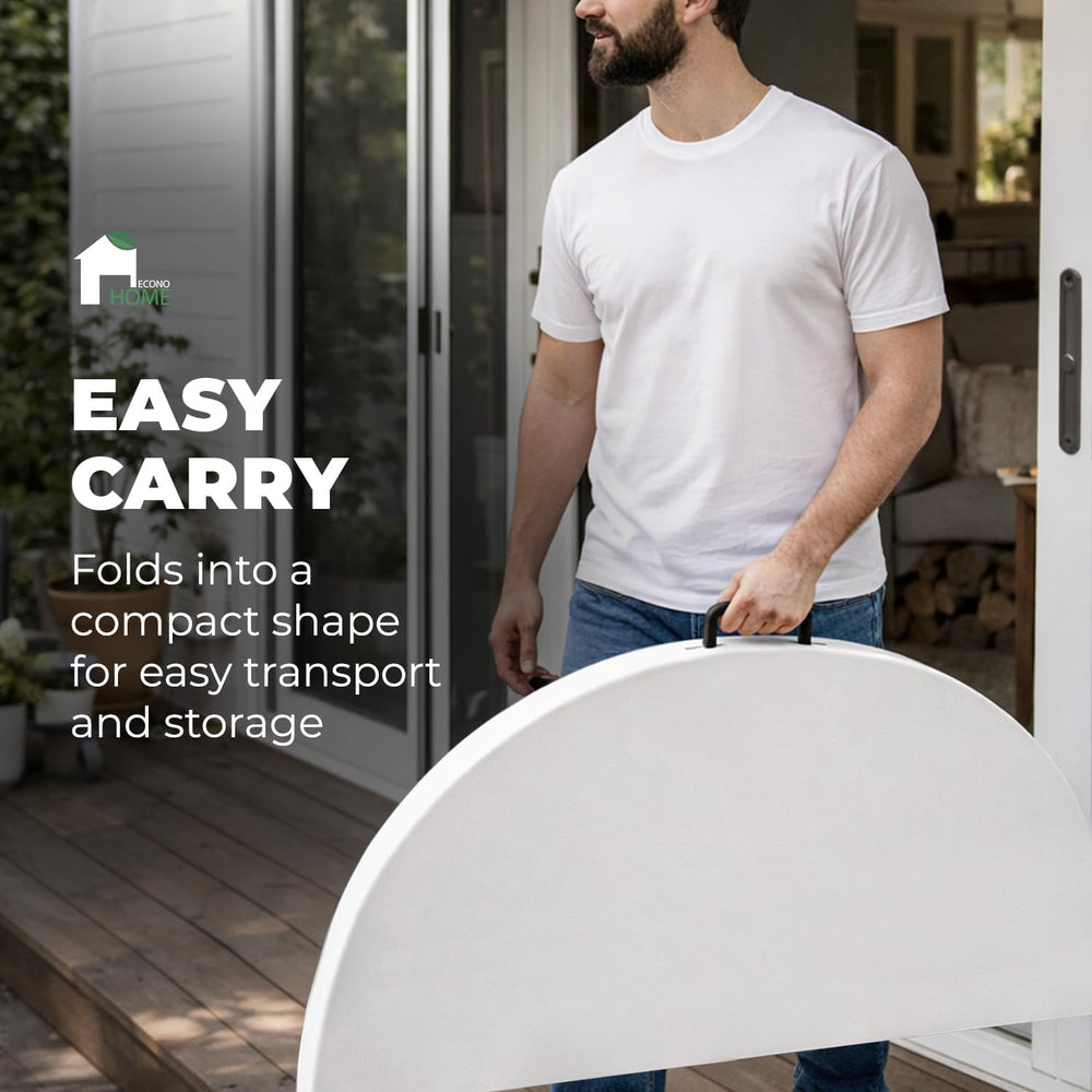 EconoHome 4 Ft Round Portable Folding Table – Heavy-Duty White Plastic, Seats...