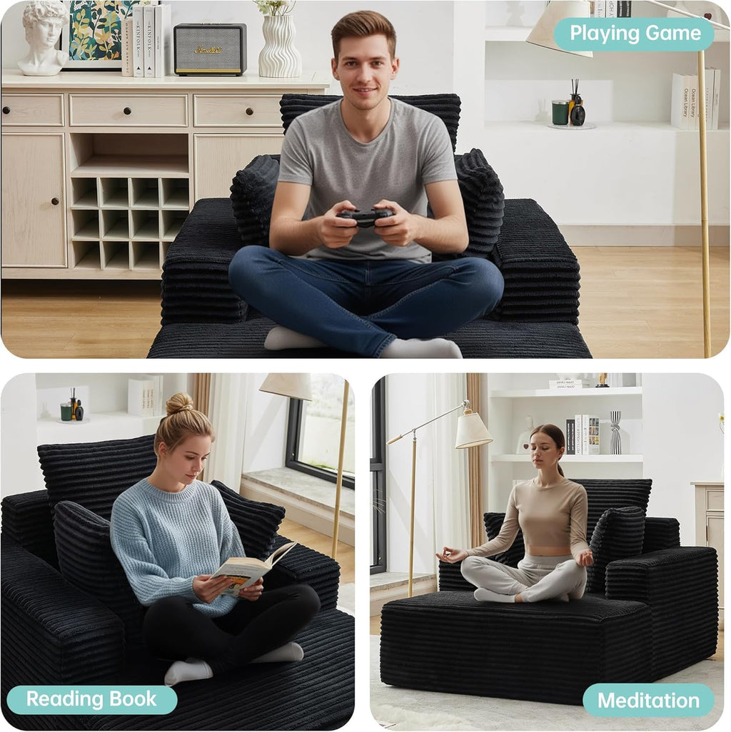 Boneless Chaise Lounge Chair, 54" Oversized Cloud Couch Sofa with Deep Seat, Plush Corduroy Reading Chair for Living Room, Bedroom, Reading Nook, Apartment, Gaming Room & Movie Nights, Black