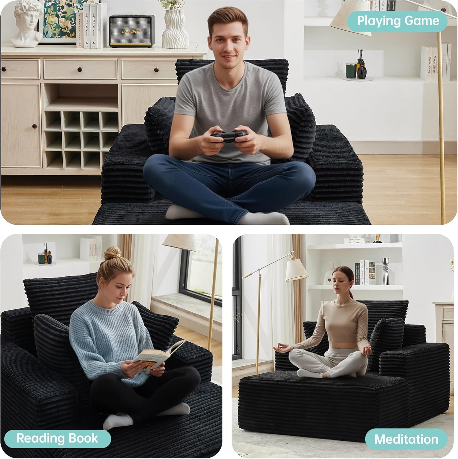 Boneless Chaise Lounge Chair, 54" Oversized Cloud Couch Sofa with Deep Seat, Plush Corduroy Reading Chair for Living Room, Bedroom, Reading Nook, Apartment, Gaming Room & Movie Nights, Black