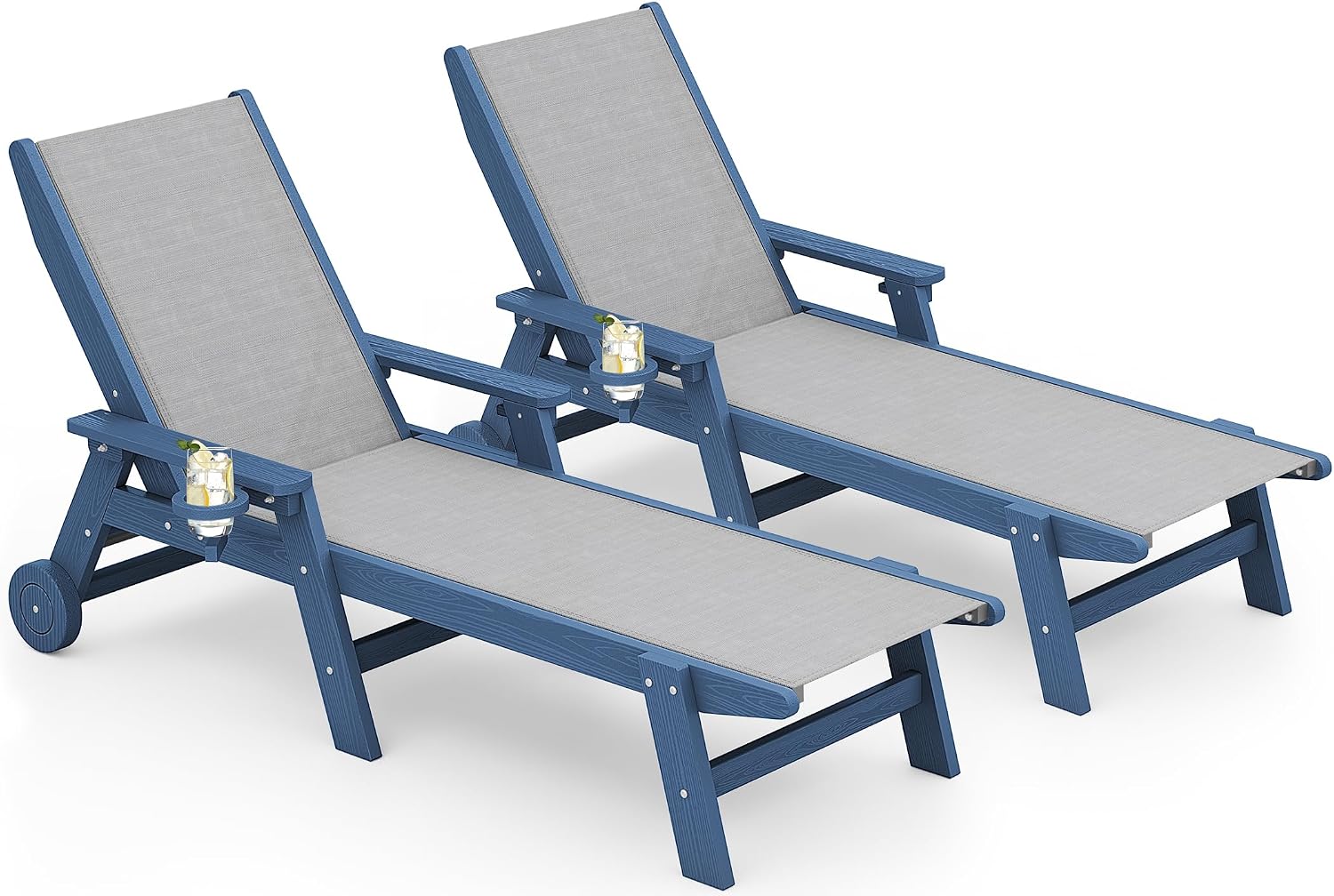 SERWALL Textilene Patio Chaise Lounge Chair Set of 2, HDPE Outdoor Lounger | with Rolling Wheels for Pool, Deck, Blue