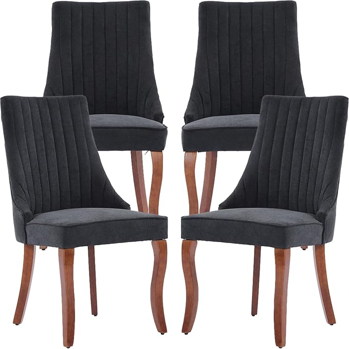 Black Mid Century Dining Chairs Set of 4, Modern Kitchen & Dining Room Chairs Set of 4, Linen Upholstered Kitchen Chairs, Sillas de Comedor, Wood Legs (Black, 4 Pcs)