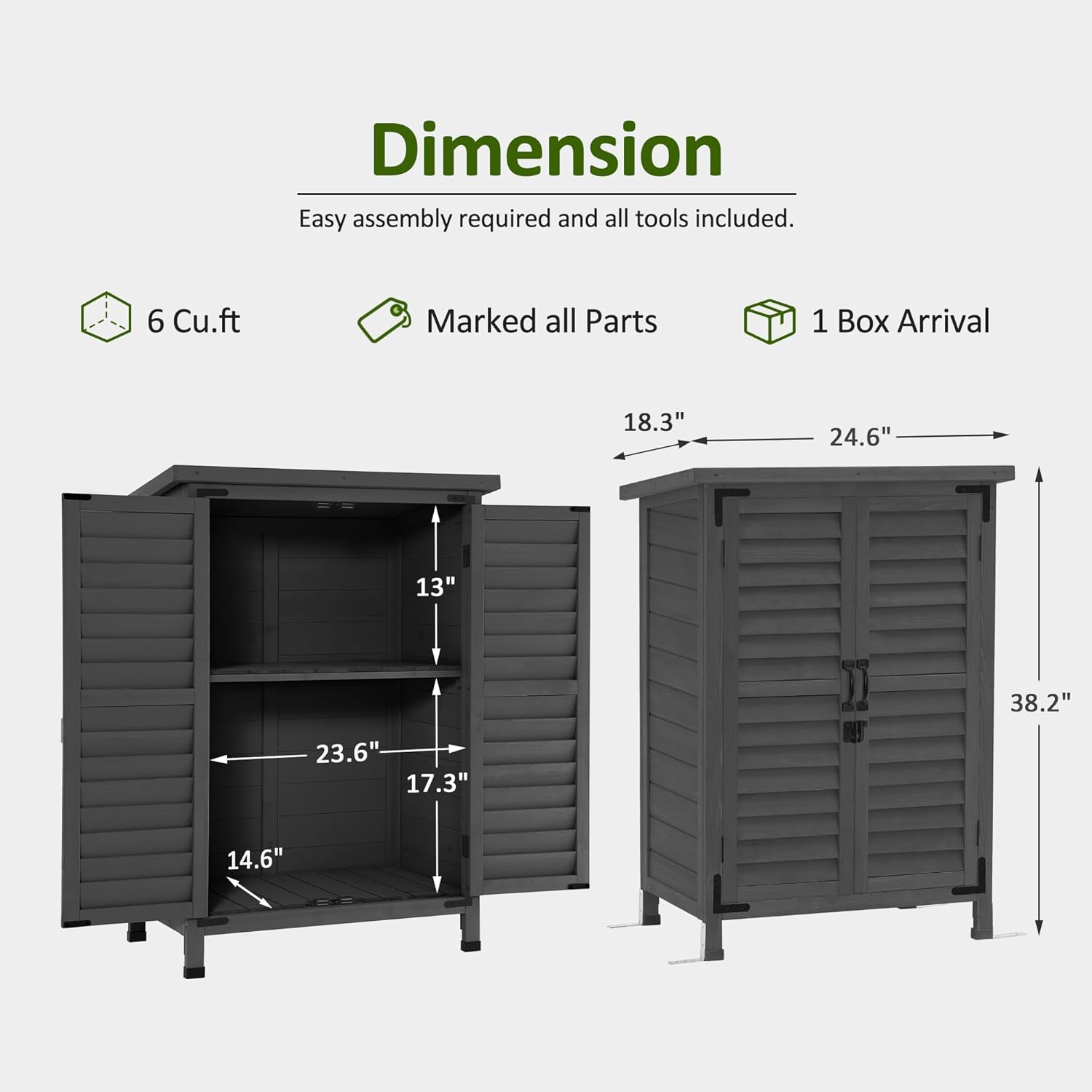 MCombo Outdoor Storage Cabinet, Small Storage Shed with Removable Shelf, Wood Garden Shed with 2 Doors for Yard Patio Lawn (24.6 x 18.3 x 38.2 inch) 0985 (Grey)