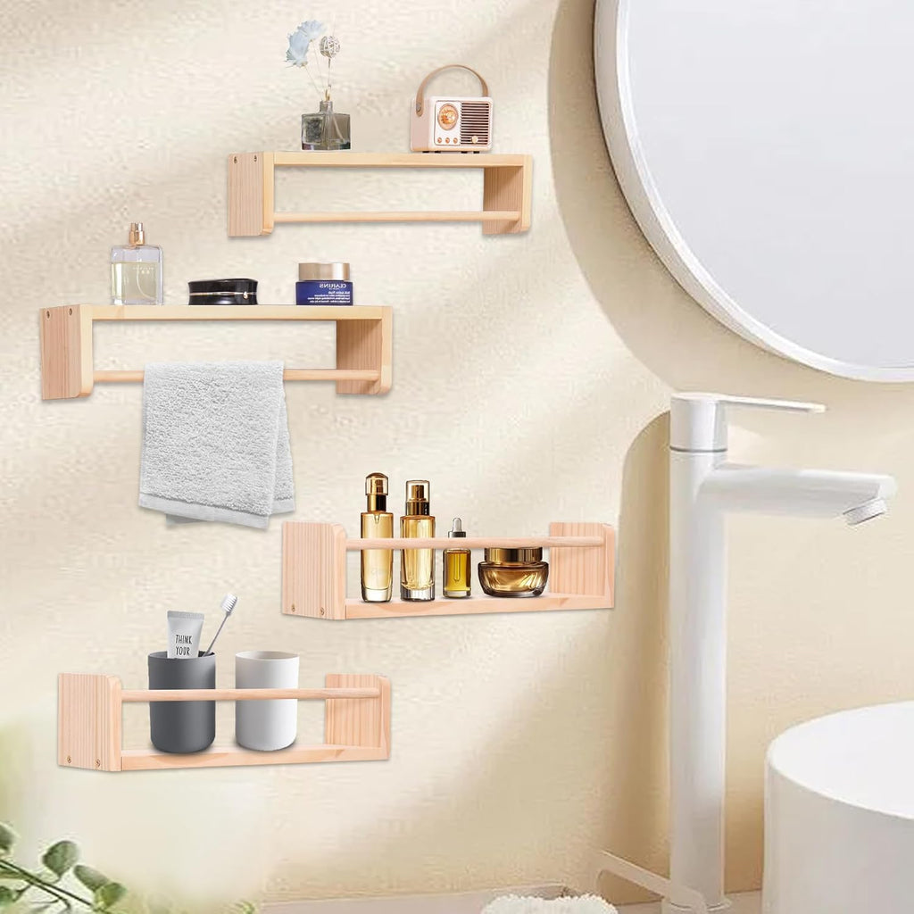 Set of 4 Wall-Mounted Kids Bookshelf - Pine Floating Nursery Book Shelves - Ideal for Nursery Shelf Decor ，Kids Room Toy Storage