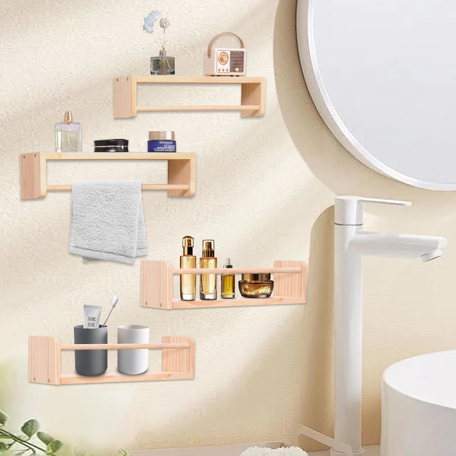 Set of 4 Wall-Mounted Kids Bookshelf - Pine Floating Nursery Book Shelves - Ideal for Nursery Shelf Decor ，Kids Room Toy Storage