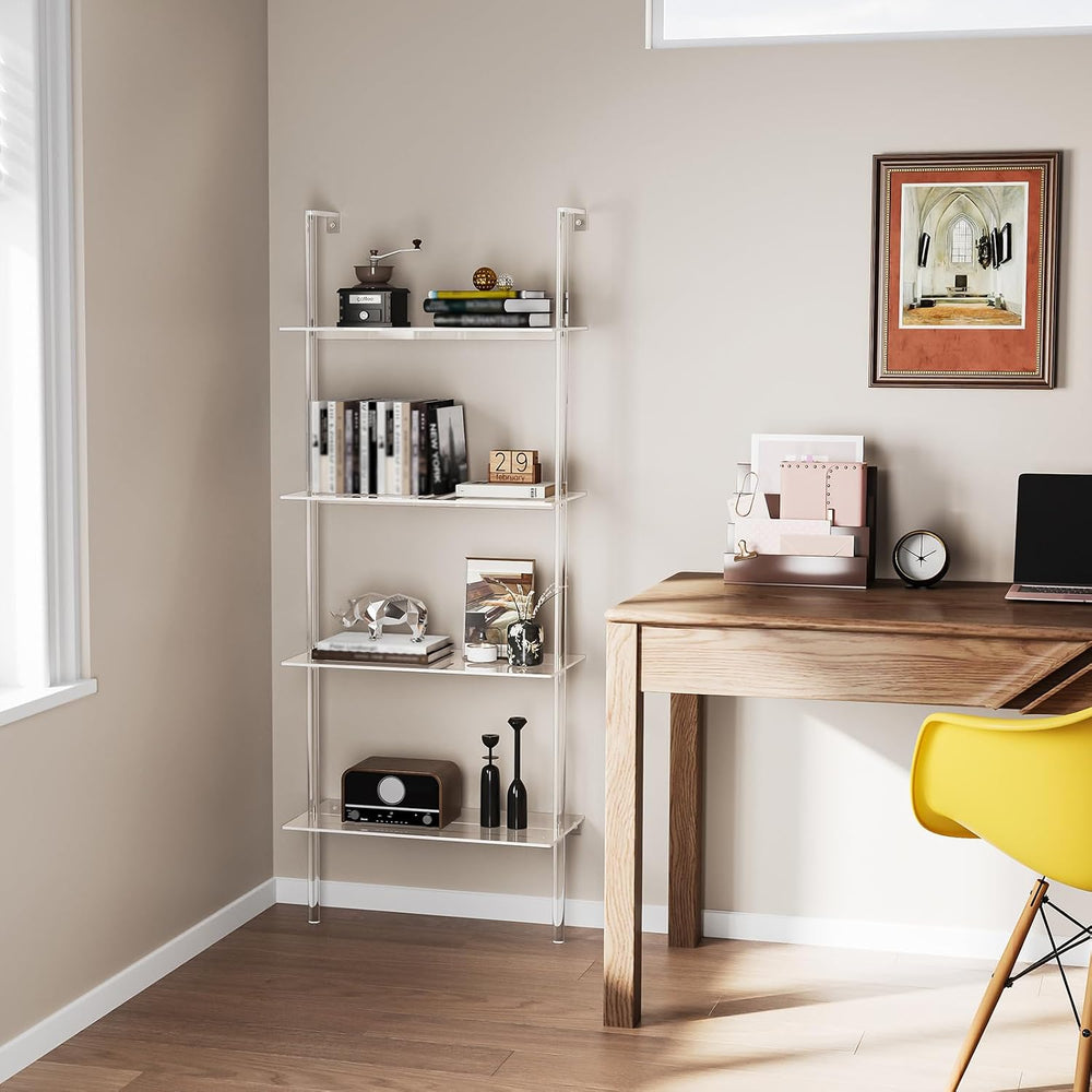 Acrylic Ladder Bookshelf, 4-Tier Clear Wall Mounted Bookshelf with Open Shelv...