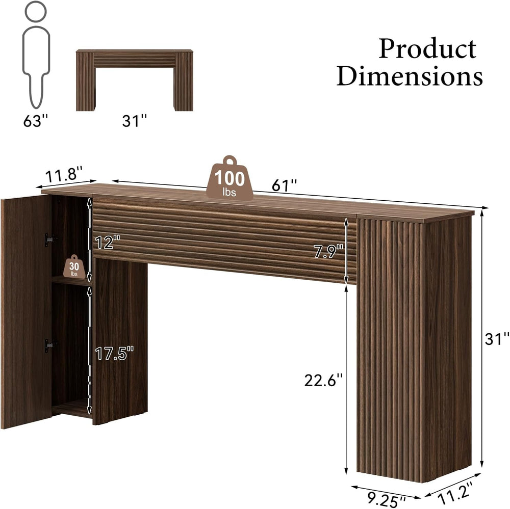 FABATO 61” Fluted Long Console Table with 2 Hidden Storage Cabinets, Walnut |...