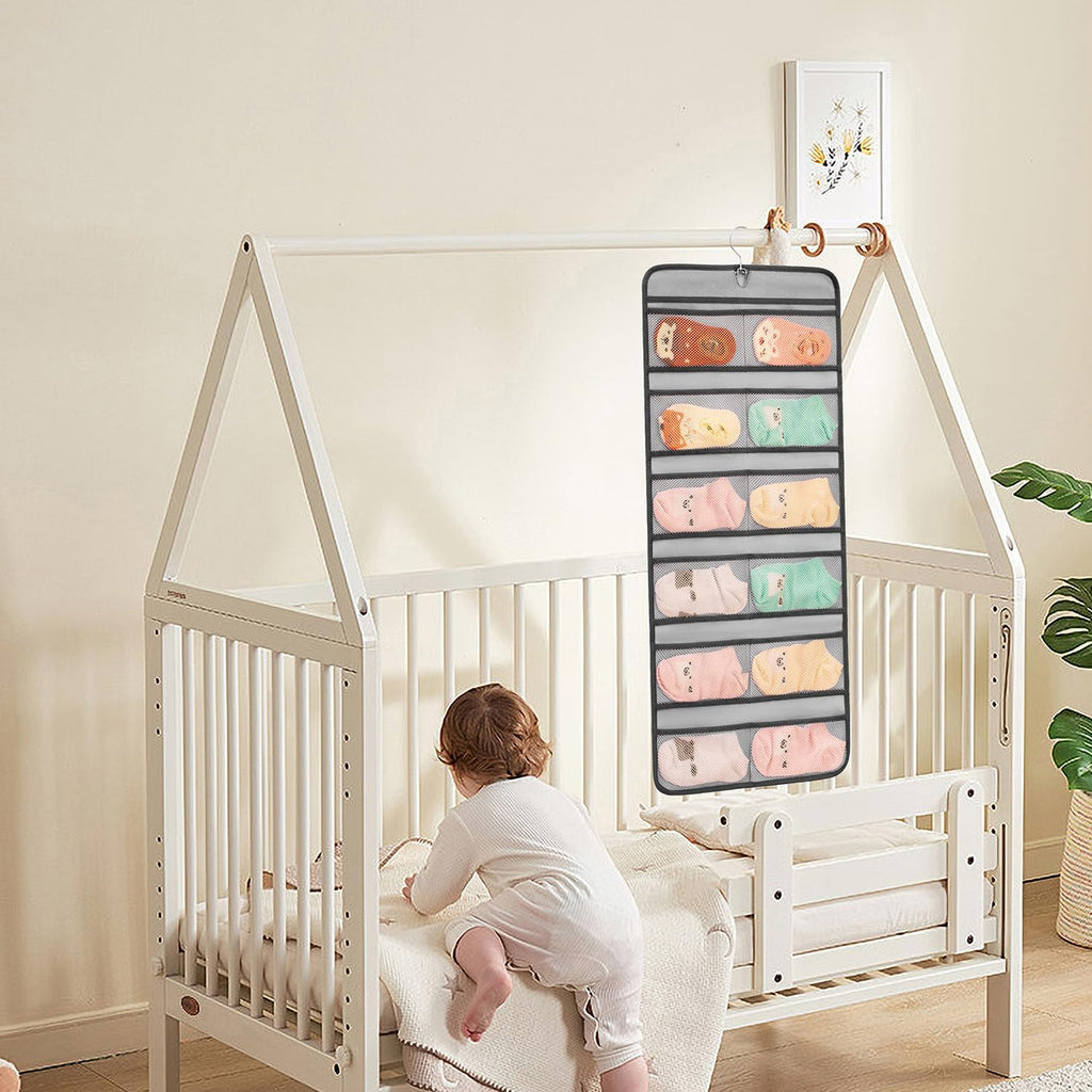 Dual-sided Hanging Baby Shoes Organizer Closet Toddler Shoe Storage Holder for Kids Bow Socks Underwear (GREY)