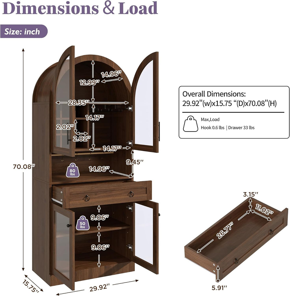 Merax 70" Tall Arched Farmhouse Pantry Cabinet with Glass Doors, Walnut ...