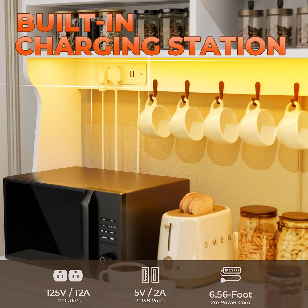 Gyfimoie Farmhouse Kitchen Pantry Cabinet with Power Outlet & LED Light, ...