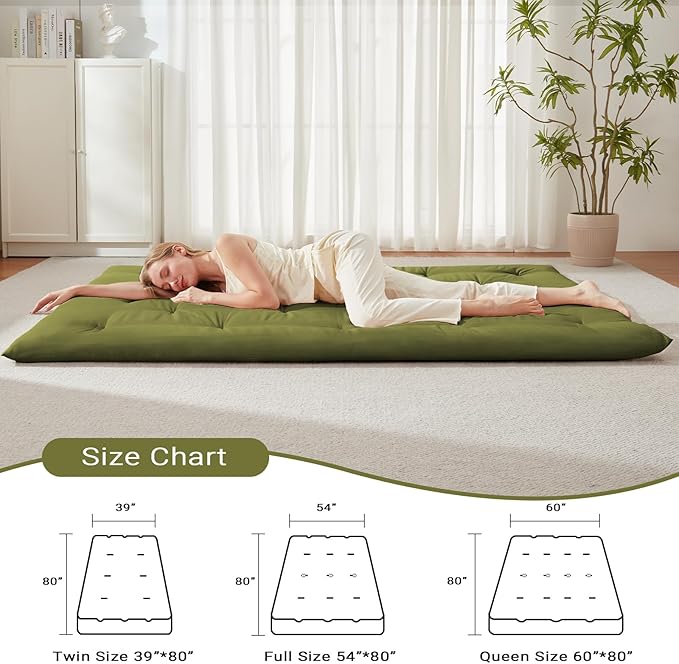 Japanese Floor Futon Mattress Twin Size 39"x 80", Foldable Floor Bed Mattress, Portable Tatami Mat Sleeping Pad, Folding Futon Cushion, Roll Up Floor Lounger for Guest Room Dormitory (Green)
