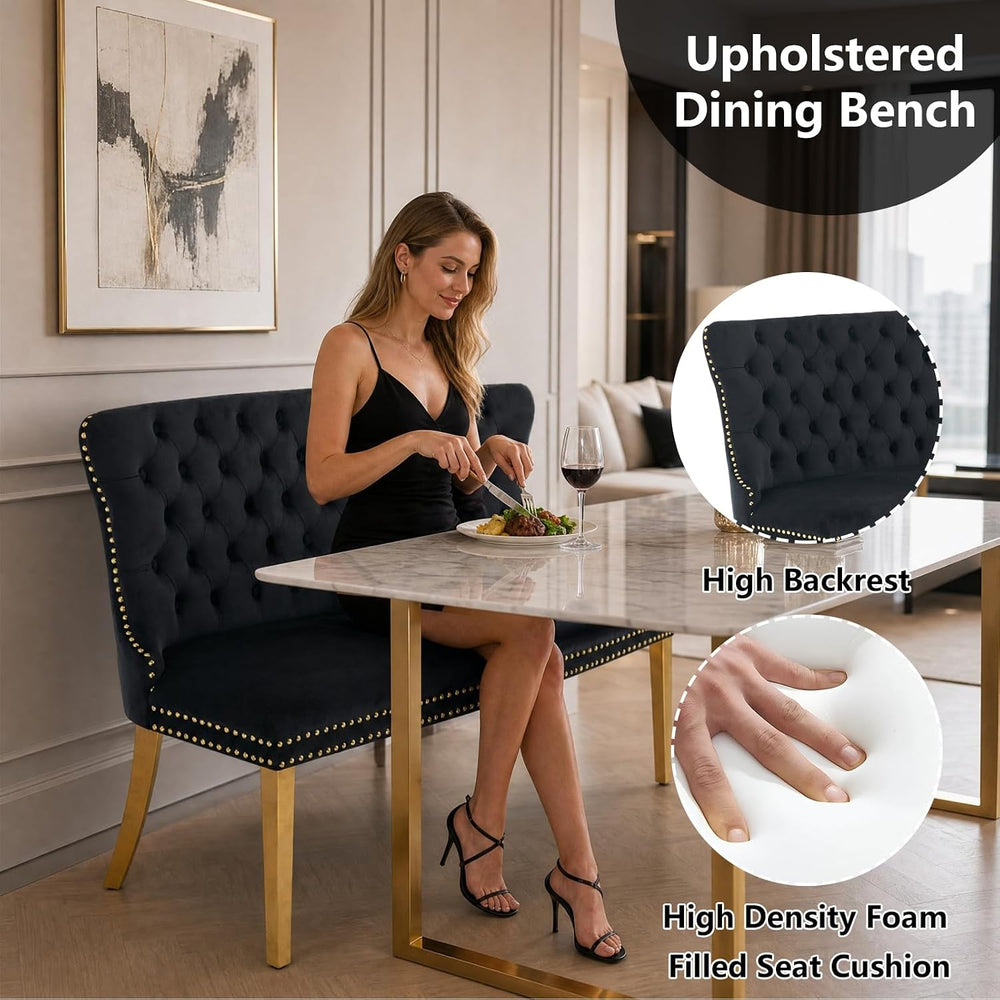 Velvet Dining Loveseat Bench with Wing Back, 2-Seat Tufted Bench with Gold St...