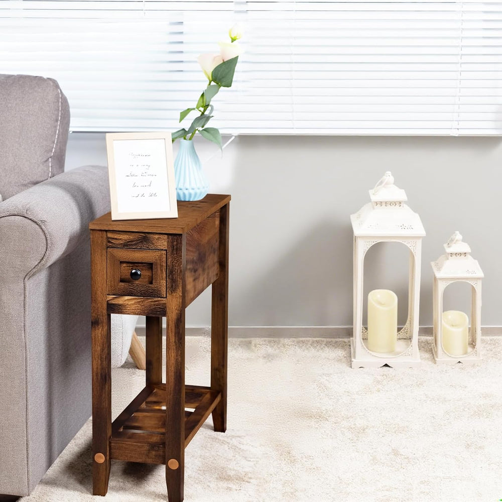 Chairside Table with Charger,Cherry End Table with Movable Top and Charging S...