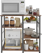 DlandHome Kitchen Bakers Rack with Storage Stand for Kitchen, Industrial Kitchen Baker's Rack, 35.4 inches Microwave Oven Stand, 3-Tier+4-Tier Utility Storage Shelf with Hooks and Basket Rustic Brown